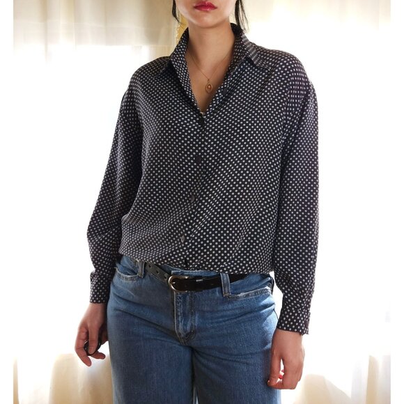 Vintage silk polka dot button down blouse navy, white - Picture 1 of 11
